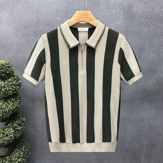 Men’s Striped Zip Polo Shirt (Premium Knit)