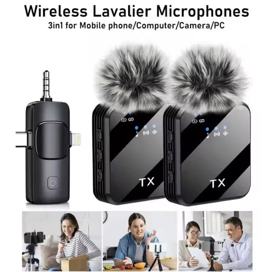 3in1 Wireless Lavalier Microphone  for iPhone,Android,Microphone for Video Recording Recording Podcast Noise Reduction mic