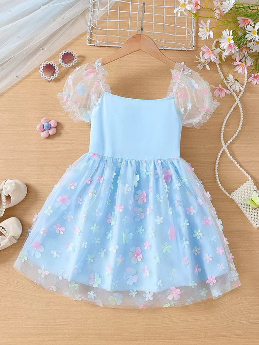 Blue Floral Puff Sleeve Tutu Dress Title: Girls Blue Floral Puff Sleeve Princess Dress – Party & Eid Wear (Ages 2–4)