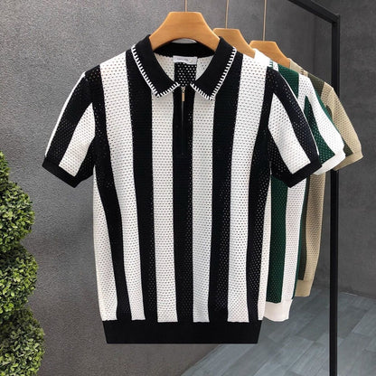Men’s Striped Zip Polo Shirt  (Premium Knit)